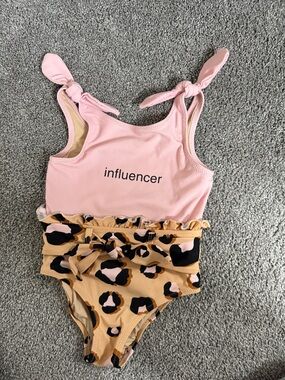 Kids One-Piece Swimsuit - Pink Influencer Top with Leopard Print Bottom